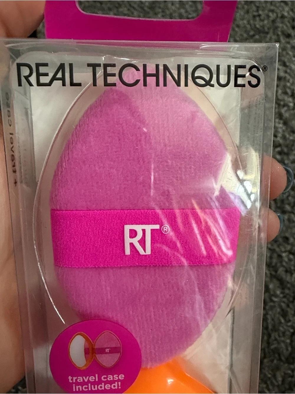 Real Techniques Pink Powder Puff and Orange Travel Case
